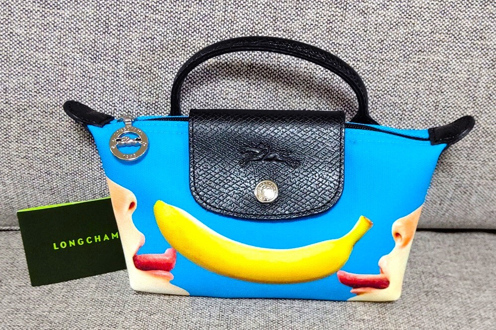 L43/Longchamp X TOILETPAPER ロンシャンXトイレットペーパー（ル プリアージュ）ミニハンドバッグブルーブラックバナナ柄キャンパス　