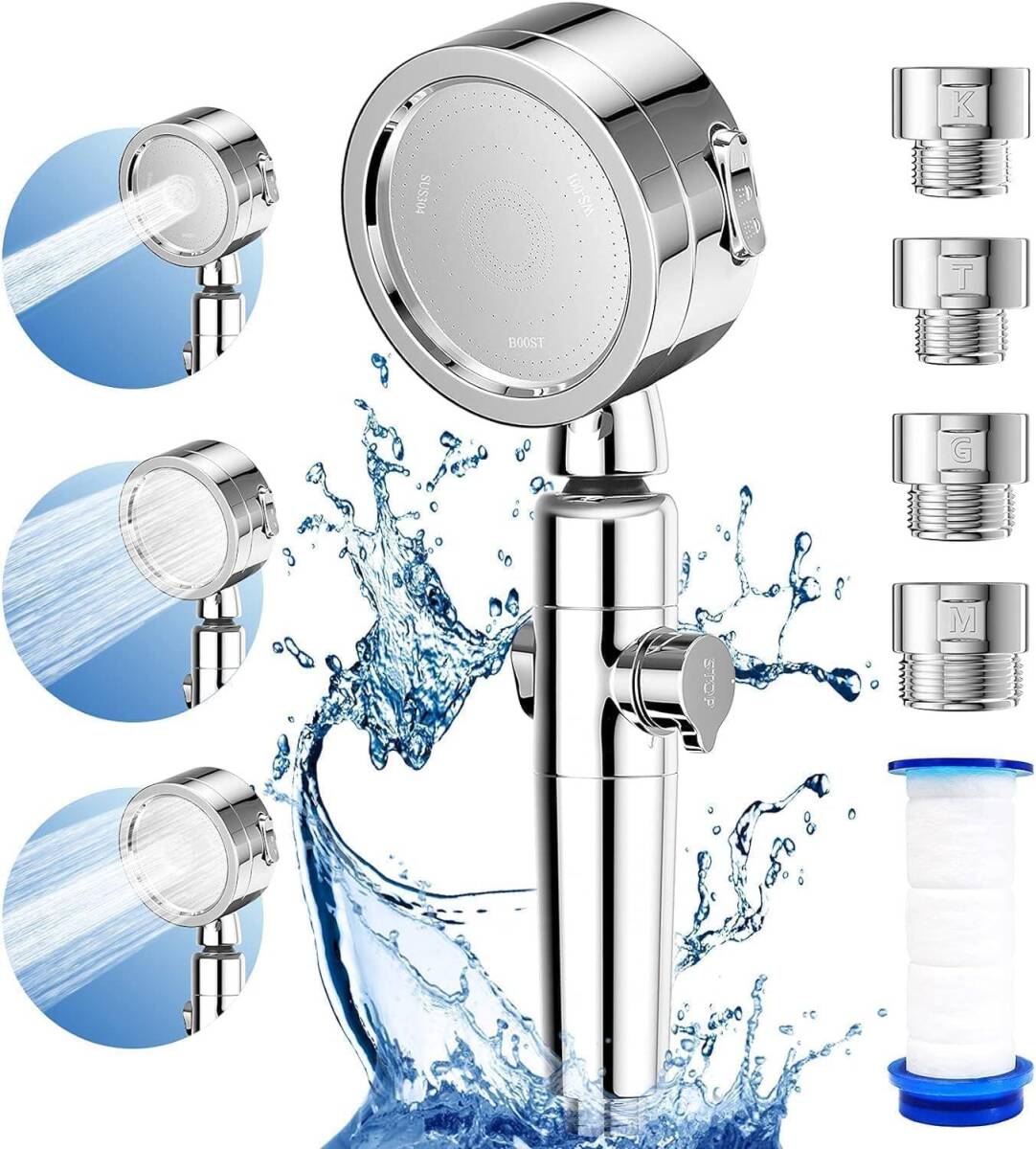 【未開封新品】シャワーヘッド 3段階モード 極細水流 手元止水 水量調節 水圧調整 塩素除去360°回転角度調節
