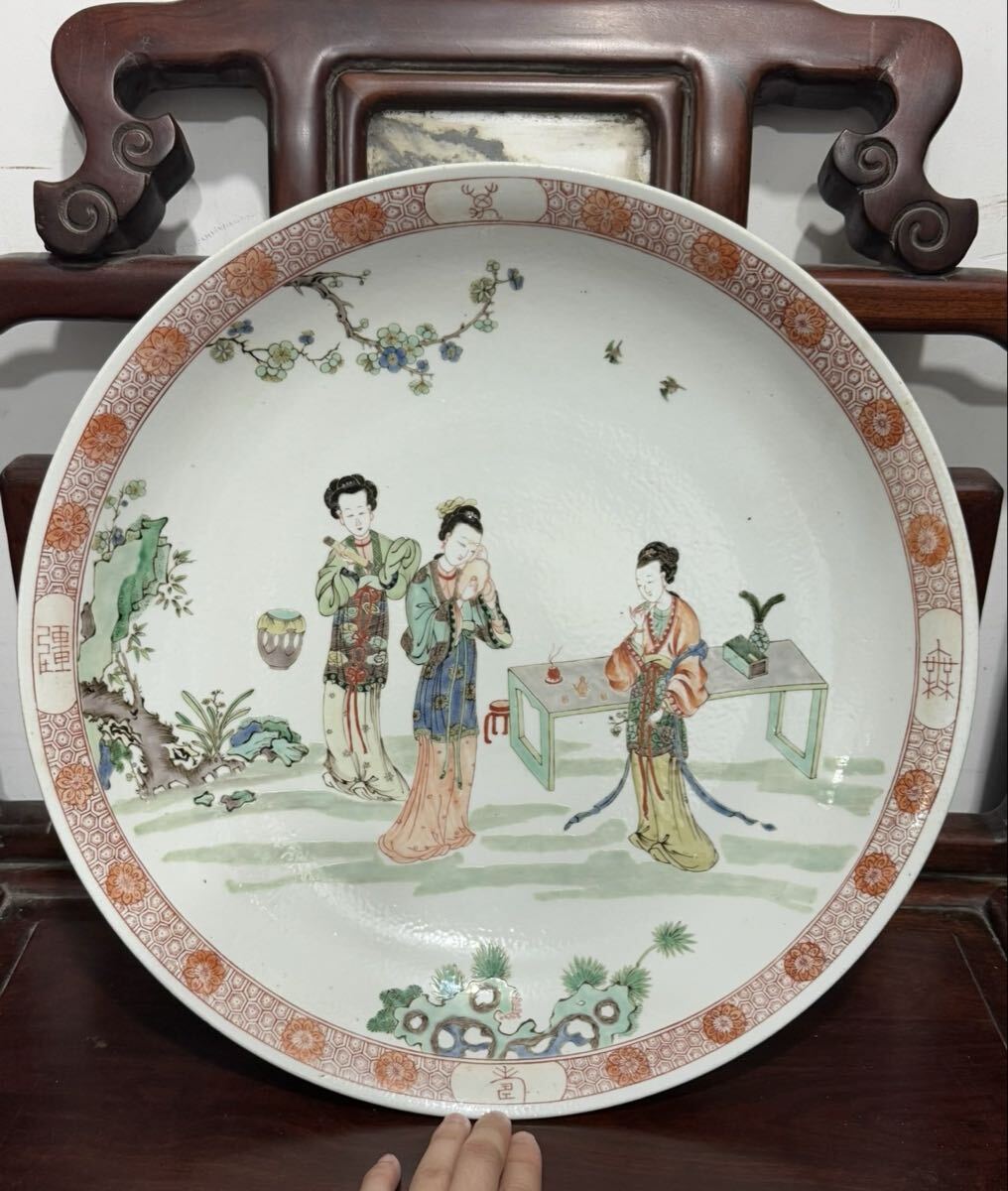 【竹河】中国古美術 清時代 康熙 五彩 人物 大皿 皿 時代物 唐物 古玩 骨董 藏出 置物 骨董品 当時物 置物 口径42cm h23 