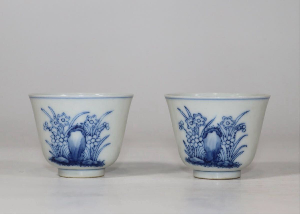 【竹河】中国古美術 清時代 青花 茶碗 茶道具 抹茶碗 古玩 骨董 時代物 当時物 W9