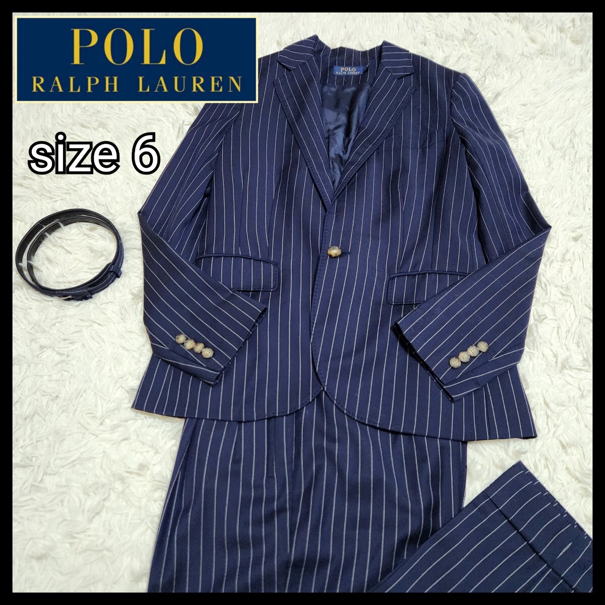 【美品】POLO LAUREN RALPH ポロラルフローレン ストライプ セットアップ パンツスーツ 6 L ネイビー 