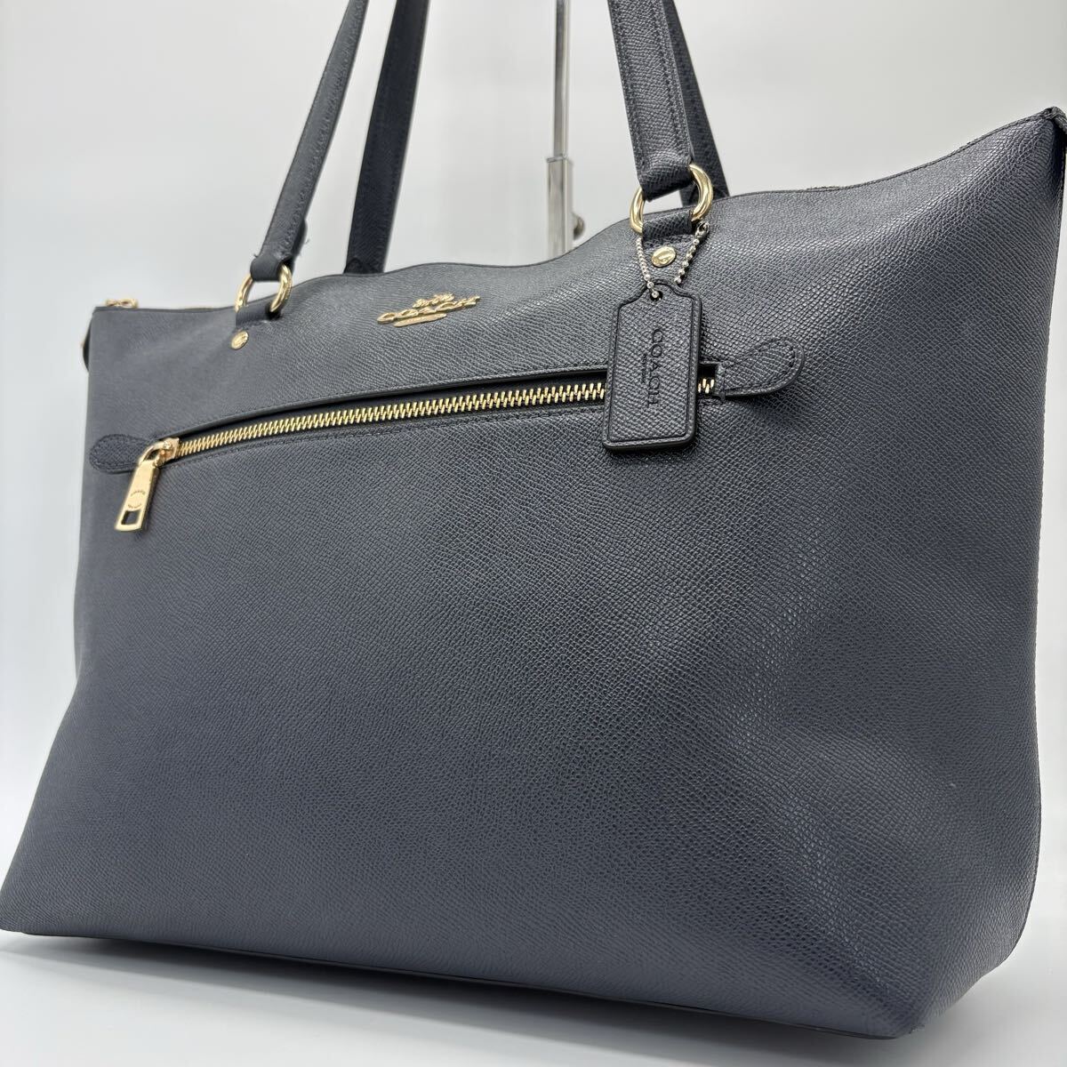 極美品/A4収納/肩掛け COACH コーチ トートバッグ ビジネスバッグ レザー シボ革 大容量 ギャラリー 通勤 通学 メンズ ネイビー 紺