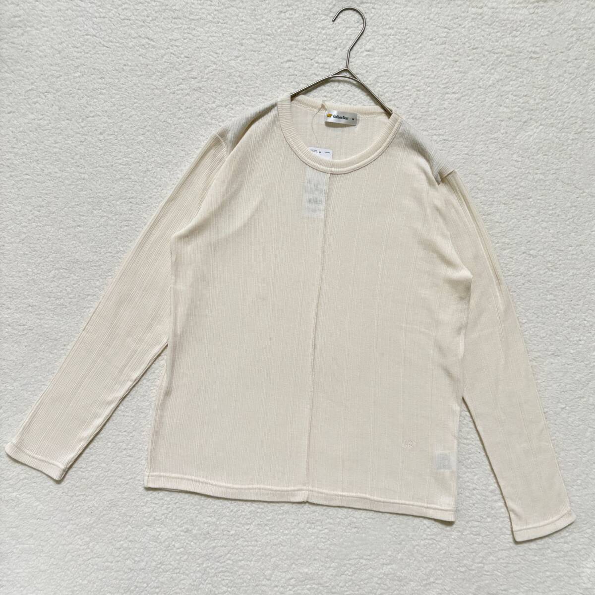 新品タグ付き ゴールデンベア Golden Bear ワンポイント刺繍 ベージュホワイト 長袖 カットソー シンプル レディース トップス サイズM
