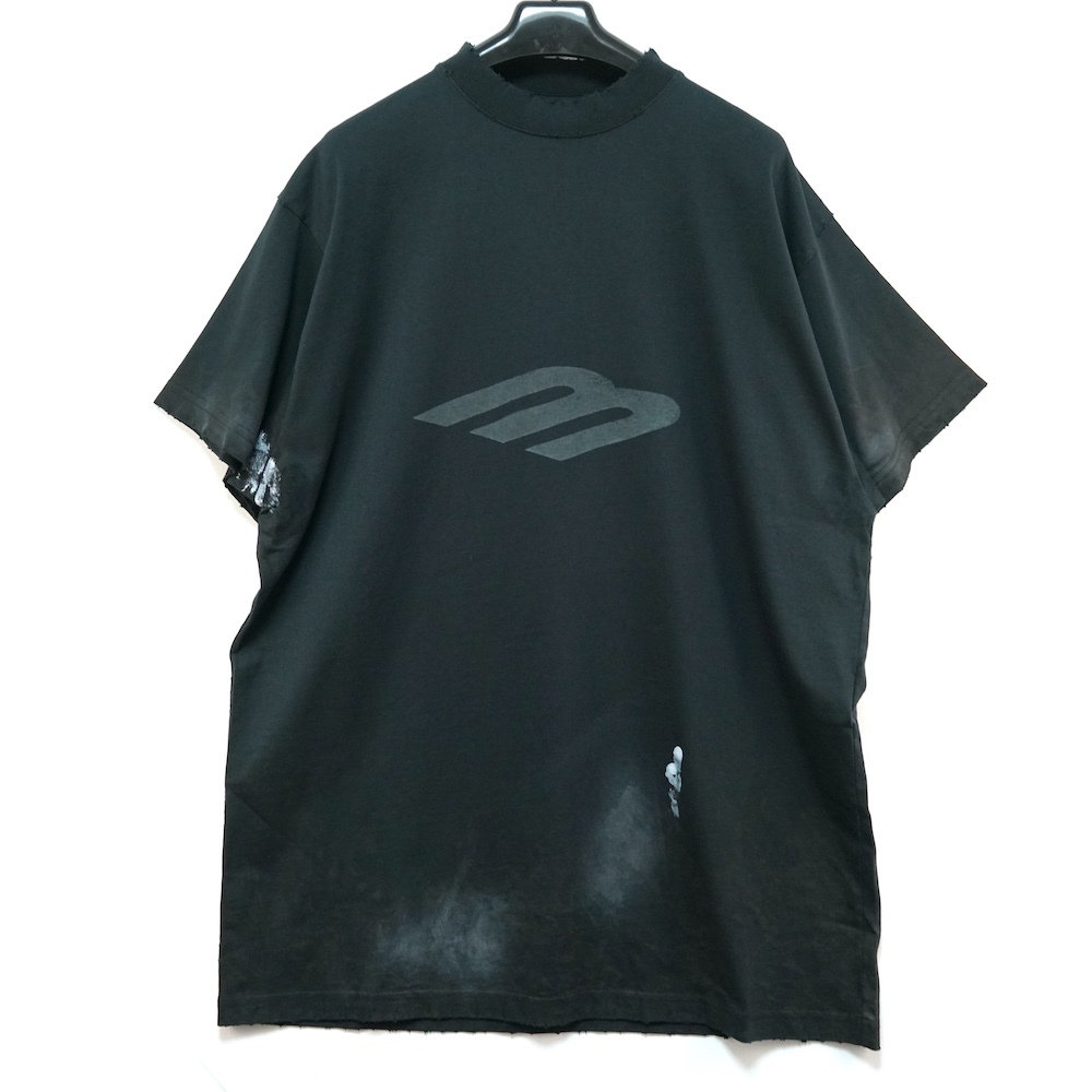 BALENCIAGA バレンシアガ ヴィンテージ加工 プリント Tシャツ ブラック Lサイズ 787349 TQVU4