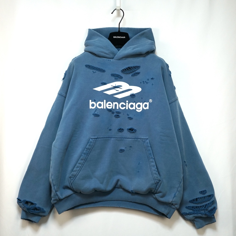 BALENCIAGA Blue Layered MediumFit Hoodie バレンシアガ レイヤード ミディアムフィット フーディ パーカー ダメージ加工 ブルー XSサイズ