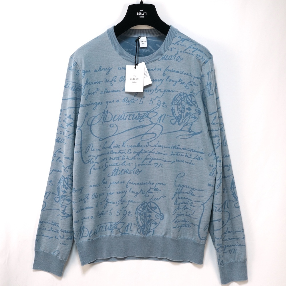 BERLUTI 1895 PARIS ベルルッティ スクリット ウール クルーネック ニット セーター ペールブルー XLサイズ R26KRL198-001