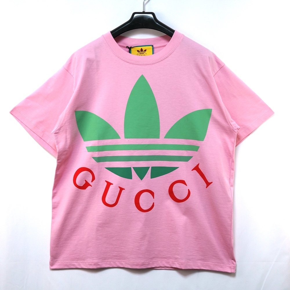 GUCCI グッチ adidas アディダス グリーン トレフォイル ロゴ オーバーサイズ Tシャツ ピンク XSサイズ 723384 XJE2A