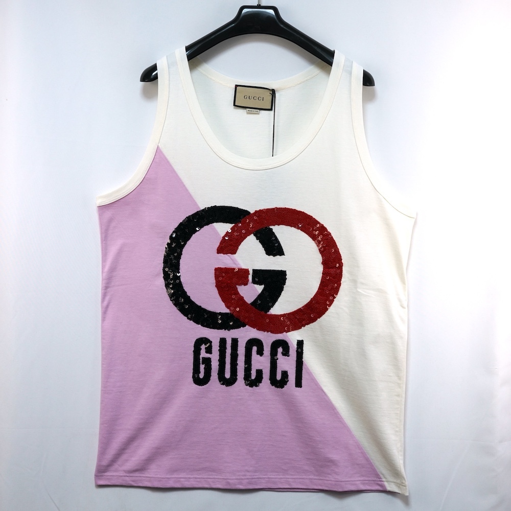 GUCCI グッチ インターロッキングGロゴ スパンコール 刺繍 タンクトップ コットン ホワイト ピンク Mサイズ 731120 XJE9W