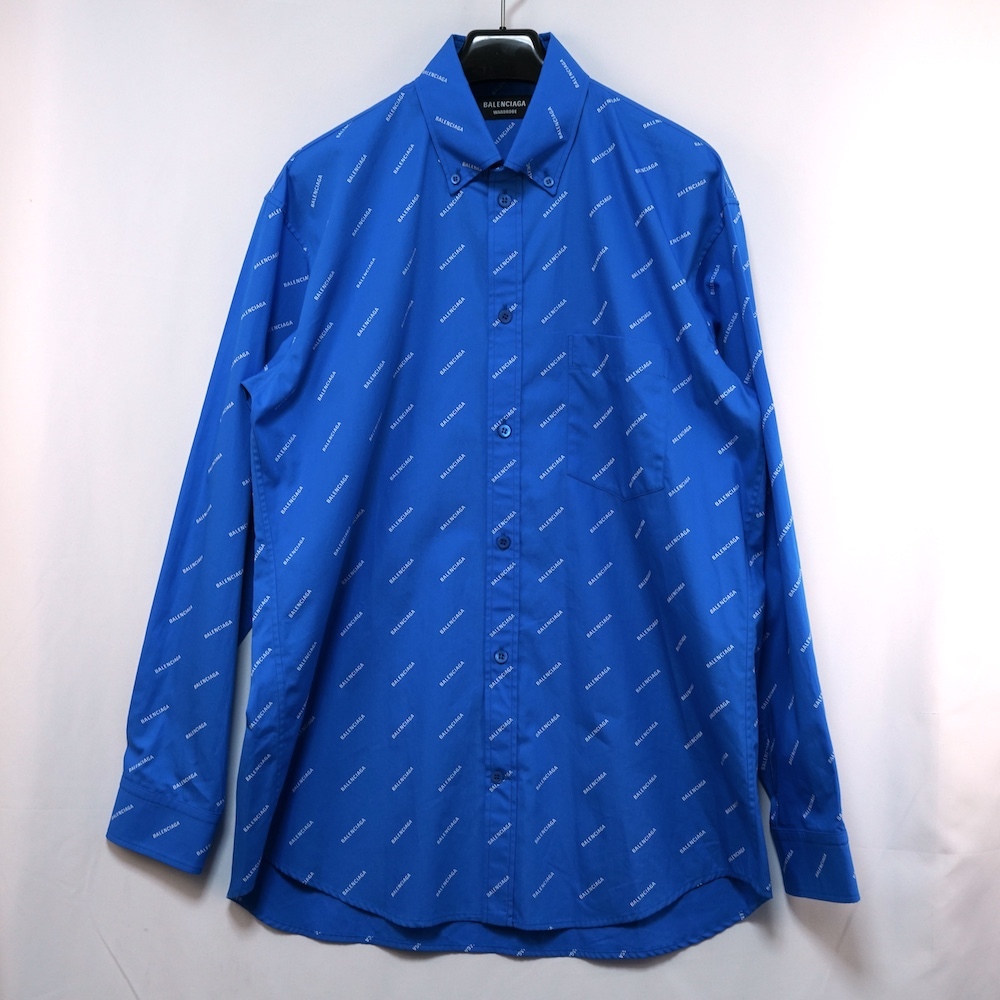 BALENCIAGA バレンシアガ ALL OVER LOGO オールオーバー ロゴ 総柄 長袖 ボタンダウン シャツ 36サイズ ブルー 534333TBL96