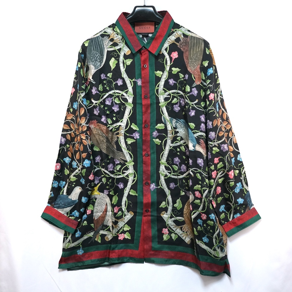 GUCCI グッチ Birds of Prey silk shirt バード オブ プレイ 総柄 シルク ドレス シャツ 17＋サイズ ブラック 444251 Z664B