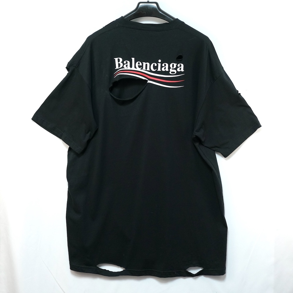 BALENCIAGA バレンシアガ ダメージ加工 キャンペーン ロゴ プリント コットン Tシャツ Lサイズ ブラック 508203 TAV44