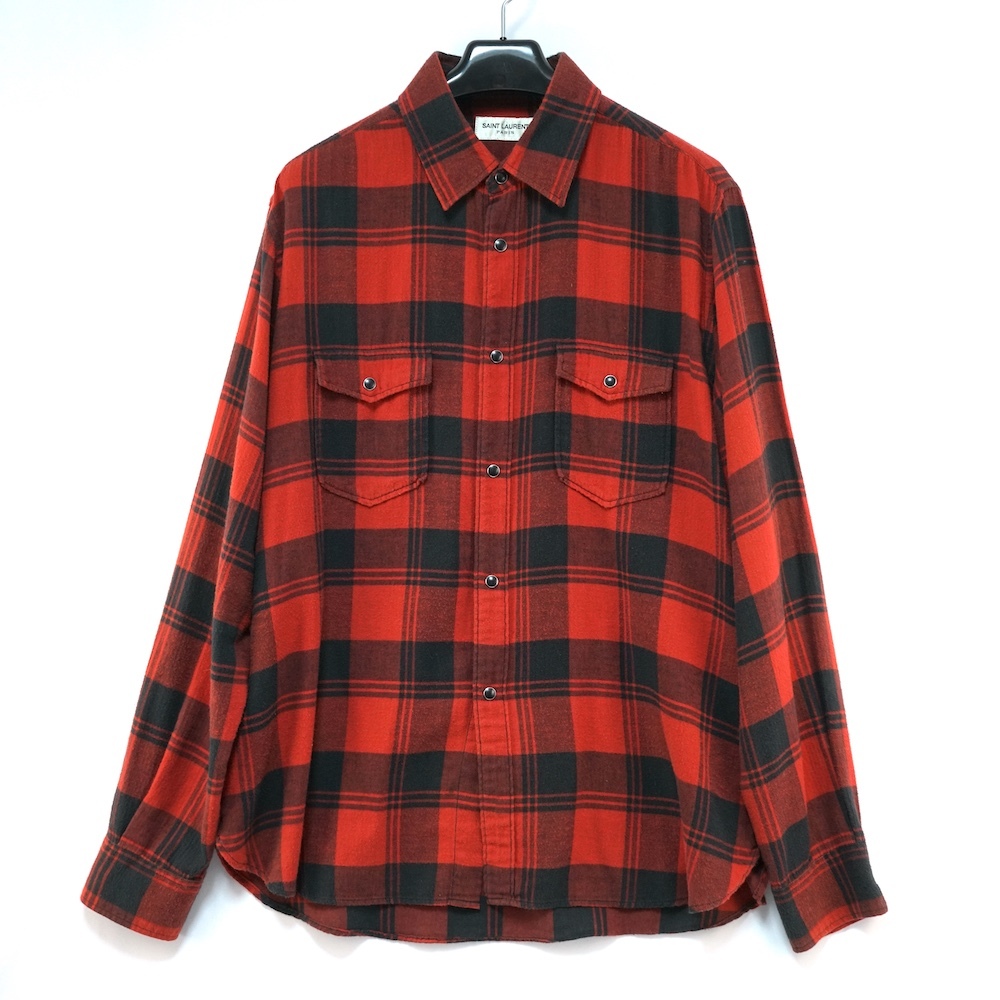 SAINT LAURENT PARIS サンローラン フランネル コットン チェック シャツ レッド ブラック Mサイズ 483071 Y072R