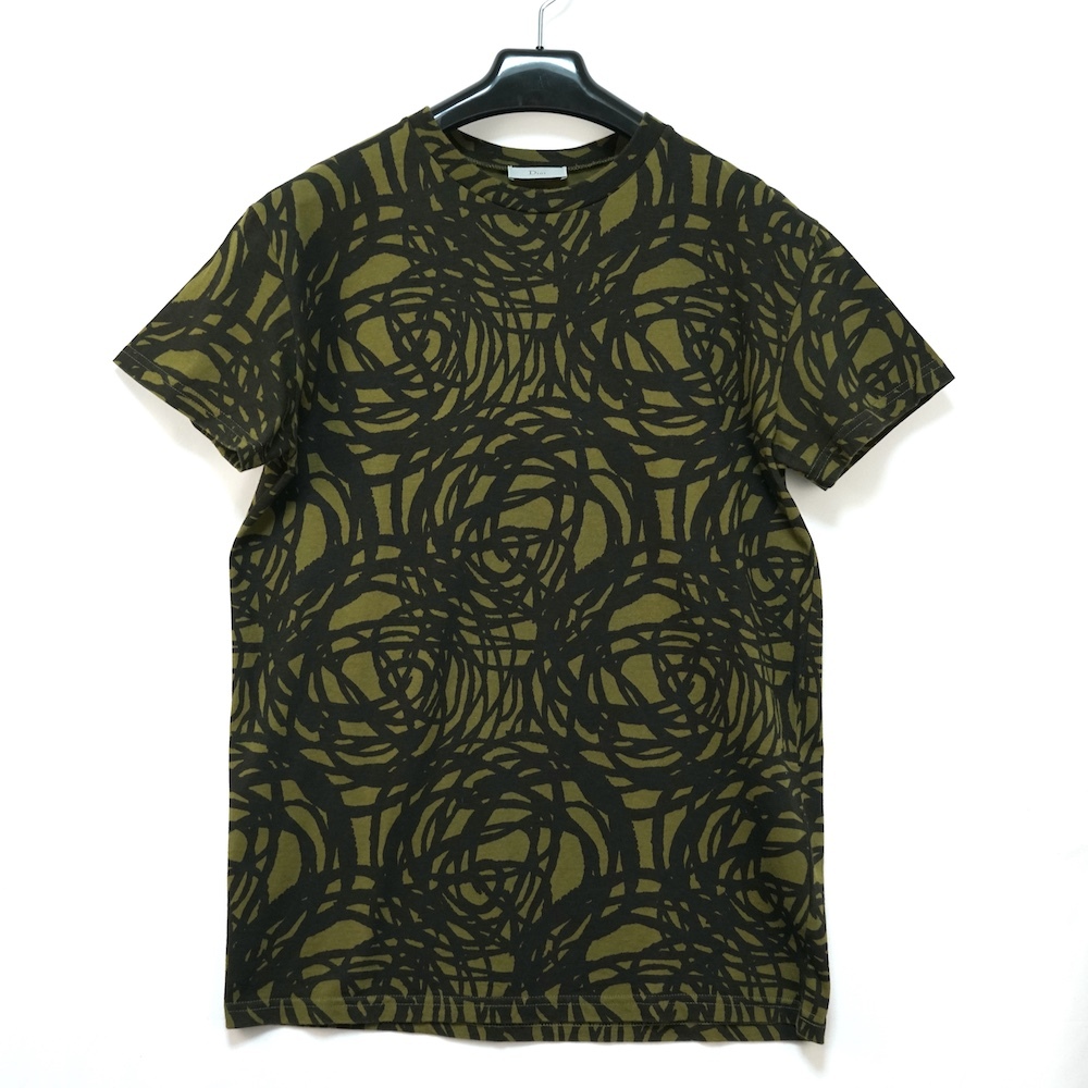 DIOR HOMME ディオールオム 総柄 抽象模様 プリント コットン Tシャツ オリーブグリーン ブラック XSサイズ 333J660I4711