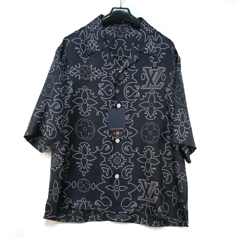 24AW LOUIS VUITTON ルイヴィトン プリント ショートスリーブ シルクシャツ アロハシャツ ブラック Lサイズ RM242M MRR HRS99W