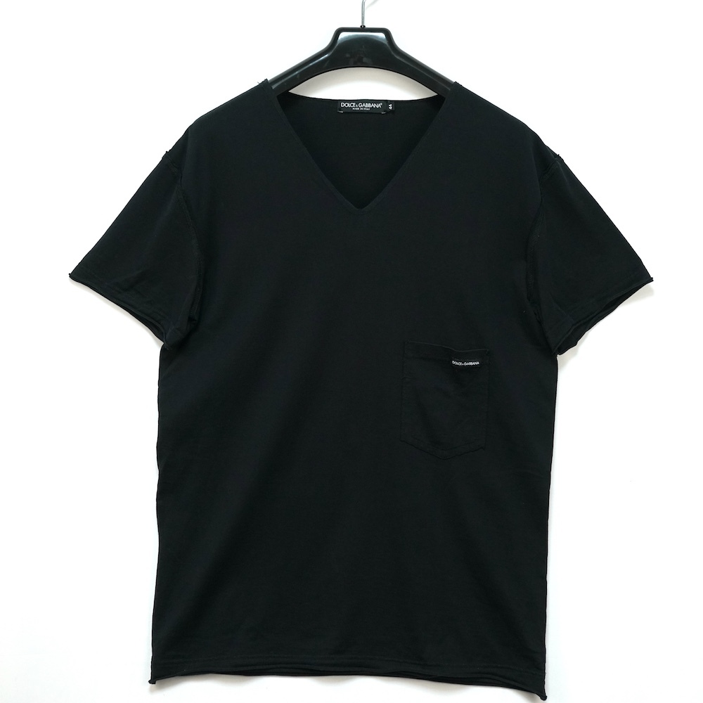 DOLCE＆GABBANA ドルチエアンドガッバーナ Vネック ポケット付き コットン Tシャツ ブラック 44サイズ G8N42T