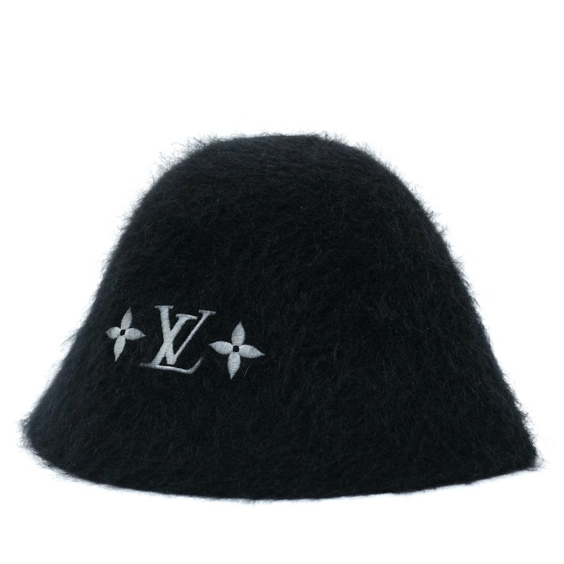 LOUIS VUITTON ルイヴィトン フラフィー LV ロゴ エンブロイダリー ナイロン モヘア ウール バケットハット Sサイズ ブラック
