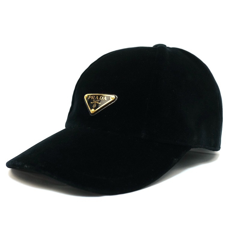 PRADA プラダ ベルベット トライアングル ロゴ ベースボールキャップ ブラック Mサイズ 1HC336