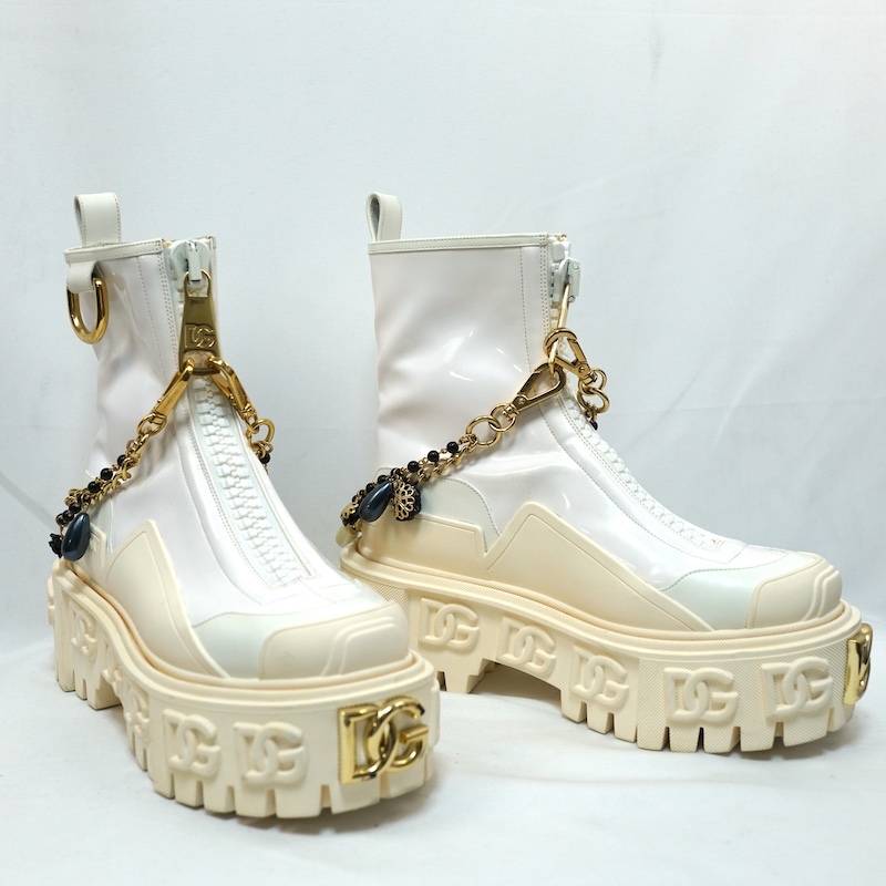 DOLCE＆GABBANA ドルチェ＆ガッバーナ パテント レザー プラットフォーム バイカーブーツ チェーン ホワイト 36.5サイズ(約23.5cm) ST0819 
