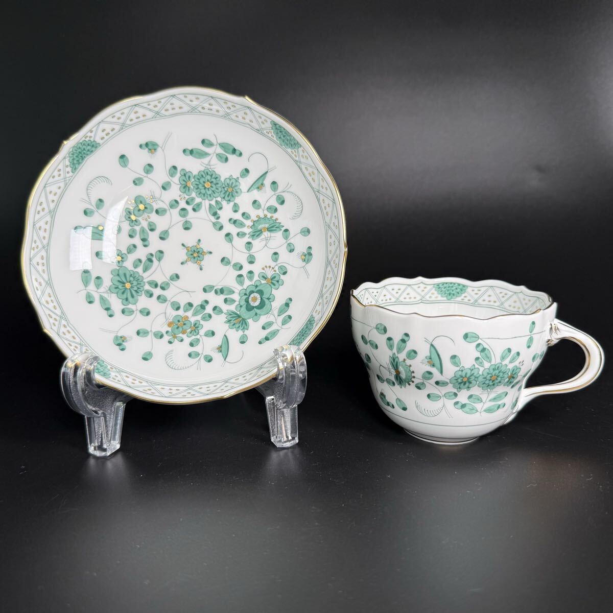 未使用 マイセン インドの華 リッチグリーンコーヒーカップ＆ソーサー1客、1級品