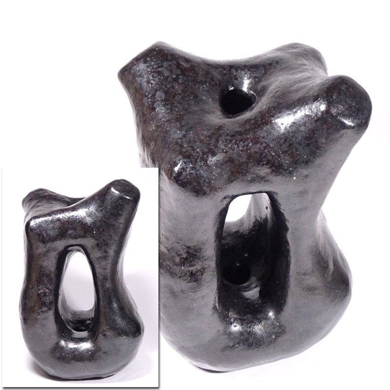 慶應◆現代陶芸 黒いオブジェ コンテンポラリーオブジェアートピース花器花瓶(検：齊藤昌一滝口和男