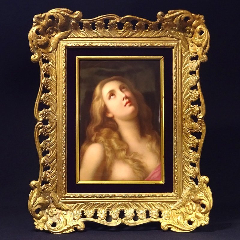 慶應◆19世紀後期頃 ドイツ古窯 総手描き陶板画『Female Saint 聖女』プラーク 金彩透かし装飾額装 KPM様式の優品