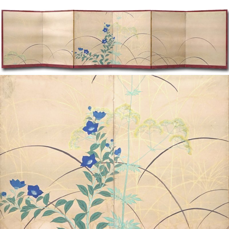 慶應◆時代肉筆画 紙本著色 桔梗図枕屏風 草花図屏風 六曲一隻 タトウ付