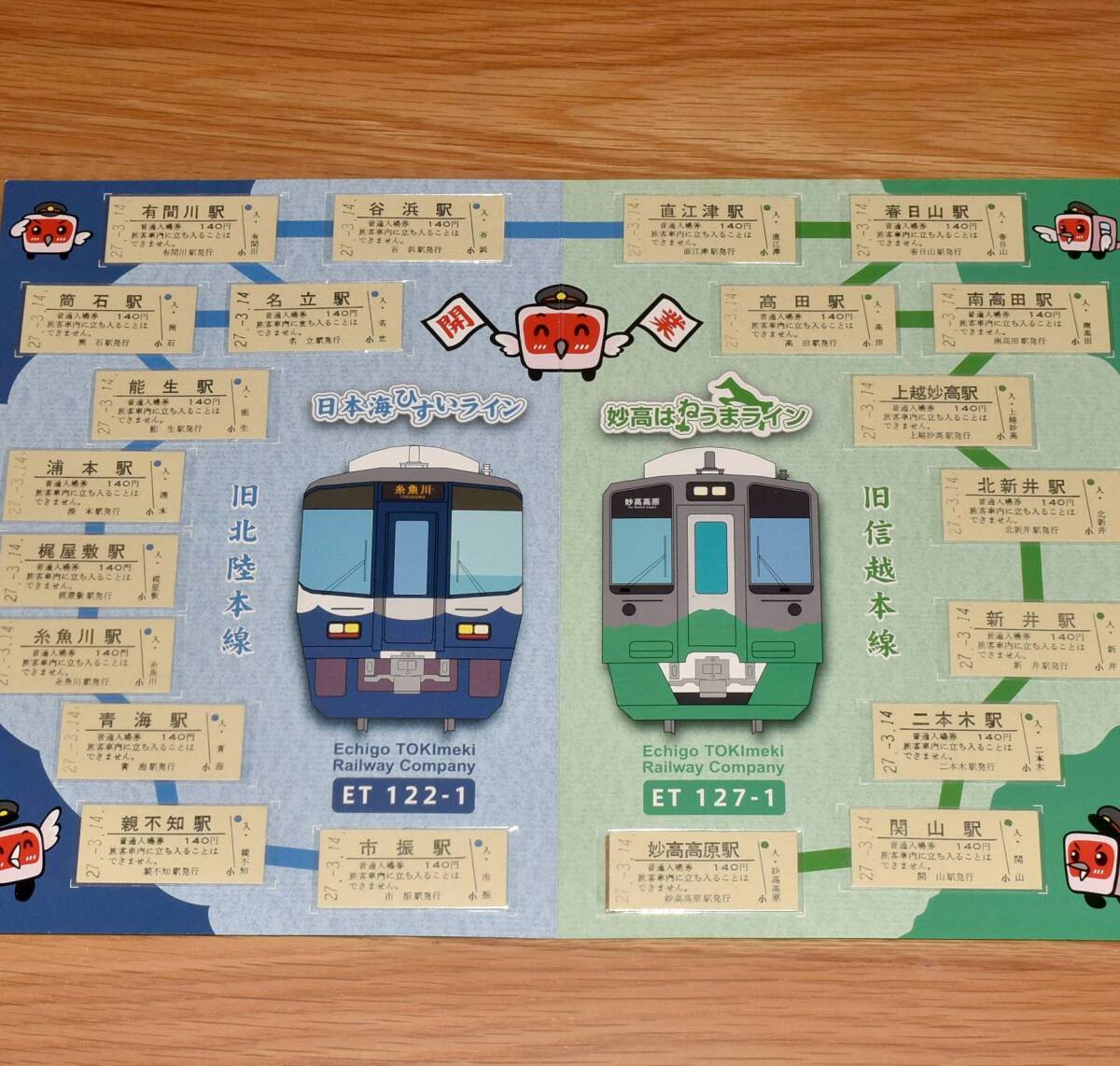 【今回限定】えちごトキめき鉄道（旧北陸本線・信越本線）開業記念全駅入場券 B型硬券21枚 2015年（平成27年）