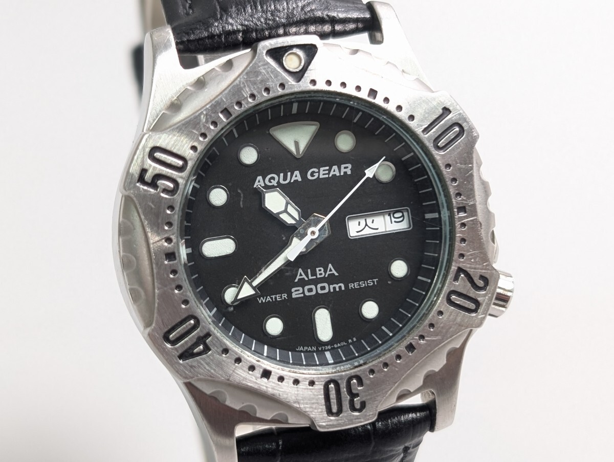 稼働 SEIKO セイコー ALBA アルバ V736-6A00 ブラック 文字盤 3針 デイデイト メンズ 腕時計 アンティーク レトロ ヴィンテージ S-775