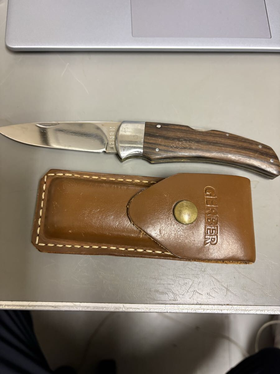 GERBER ガーバー フォールディングナイフ 木製ハンドル レザーケース付 折りたたみナイフ