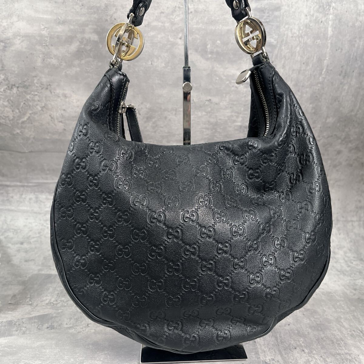 【良品】 GUCCI グッチ シマ GG柄 インターロッキング ワンショルダーバッグ ショルダーバッグ レザー ブラック グッチシマ