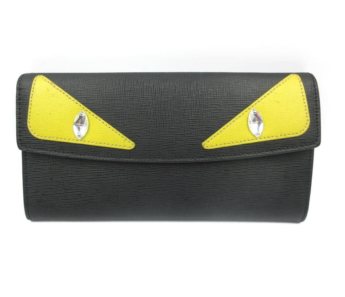 ★◇ FENDI フェンディ モンスター 長財布 バッグバグズ ビジュー ストーン ブラック×イエロー メンズ スナップボタン 小銭入れ 中古品