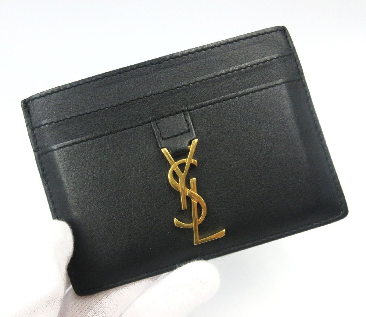 ★◇ SAINT LAURENT サンローラン カードケース 名刺入れ YSL カサンドラ ブラック×ゴールド色金具 レザー 中古品