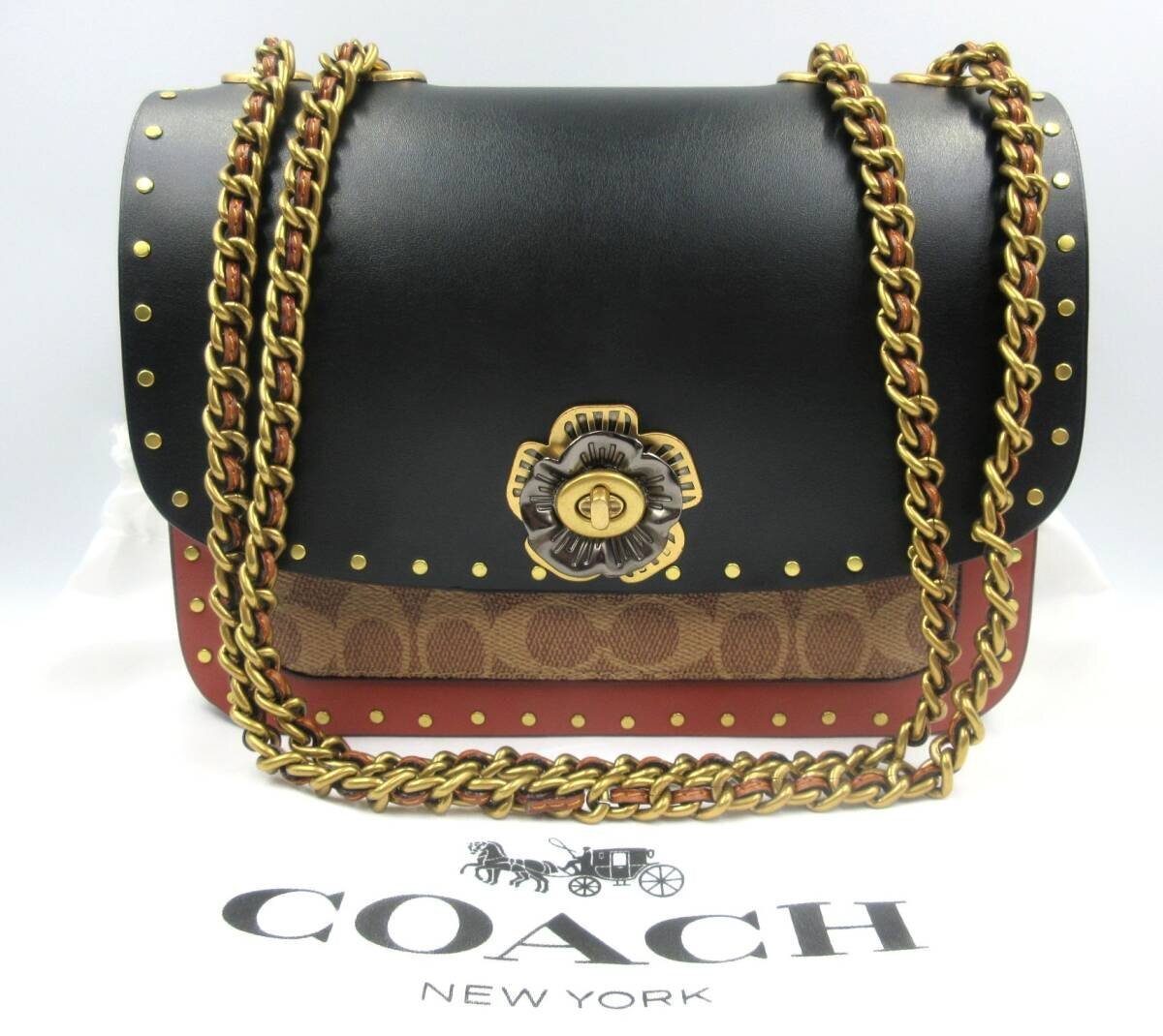 ★◇ COACH コーチ チェーンショルダーバッグ シグネチャー フラワーターンロック 4679 パイソン柄×ブラック×ブラウン×ゴールド色金具