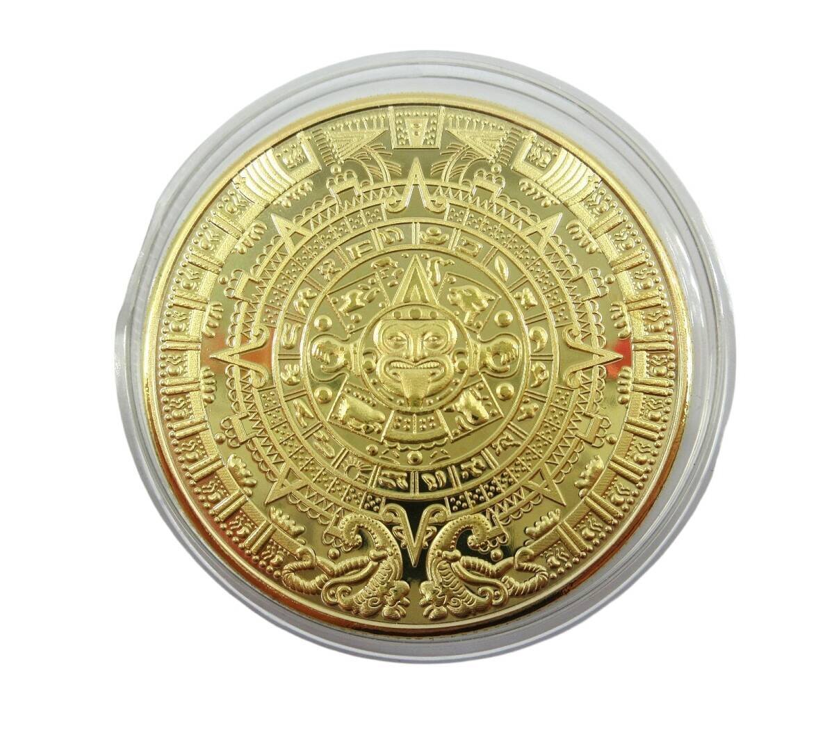 ★◇ マヤ文明 アステカカレンダー メキシコ 太陽の石 ゴールド色 メダル コイン 観賞用 詳細不明品 ケース入り