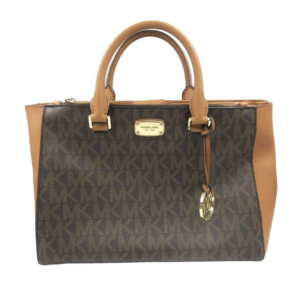 ★◇ MICHEAL KORS マイケルコース 2way ハンドバッグ ショルダーバッグ MKシグネチャー柄 ブラウン系 ストラップ付 ロゴプレート 中古品
