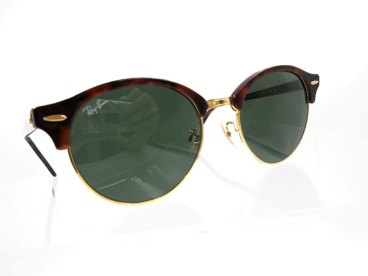 ★◇ Ray-Ban レイバン サングラス RB 4246 990 51□19 145 3N サングラス クラブラウンド べっ甲柄 グリーンレンズ×ゴールド色 中古品