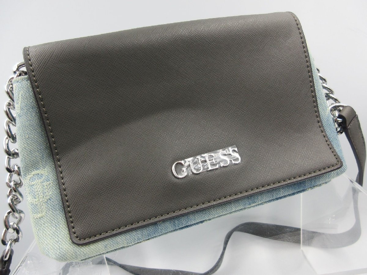 ★◇ GUESS ゲス チェーンショルダーバッグ デニム チャコールグレー×シルバー色チェーン 中古品