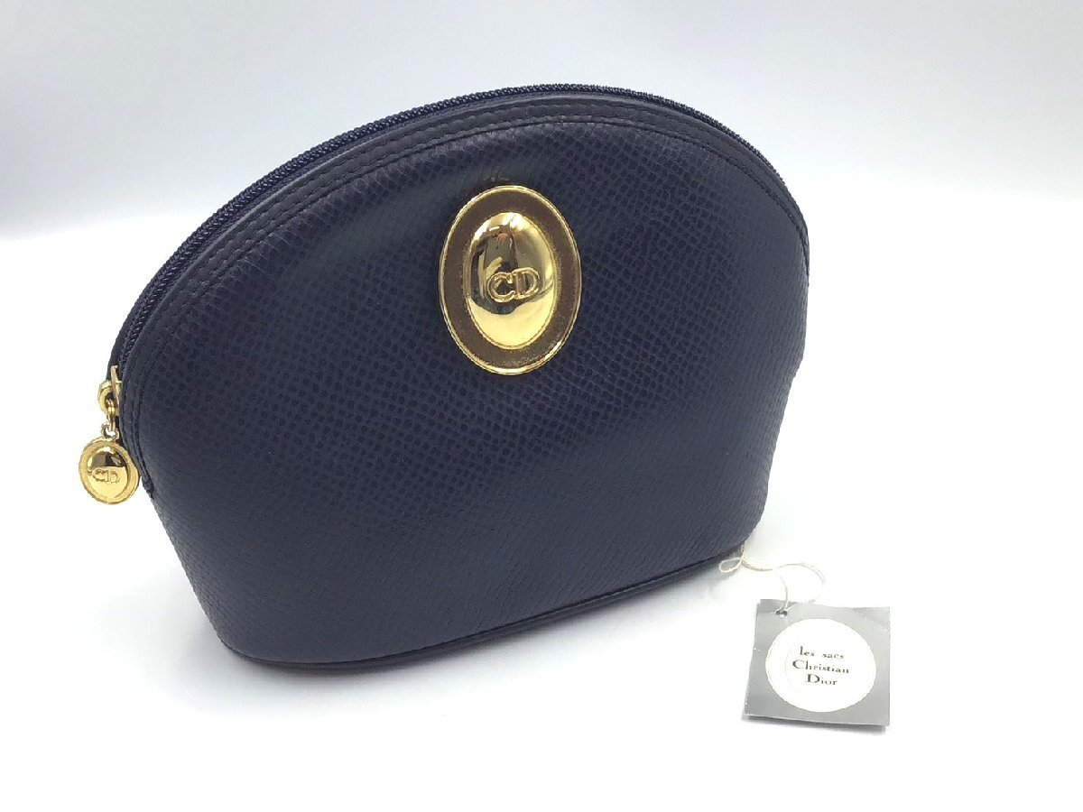★☆Christian Dior　クリスチャン ディオール　ヴィンテージ　CDロゴ　レザー　ネイビー　ポーチ　小物入れ