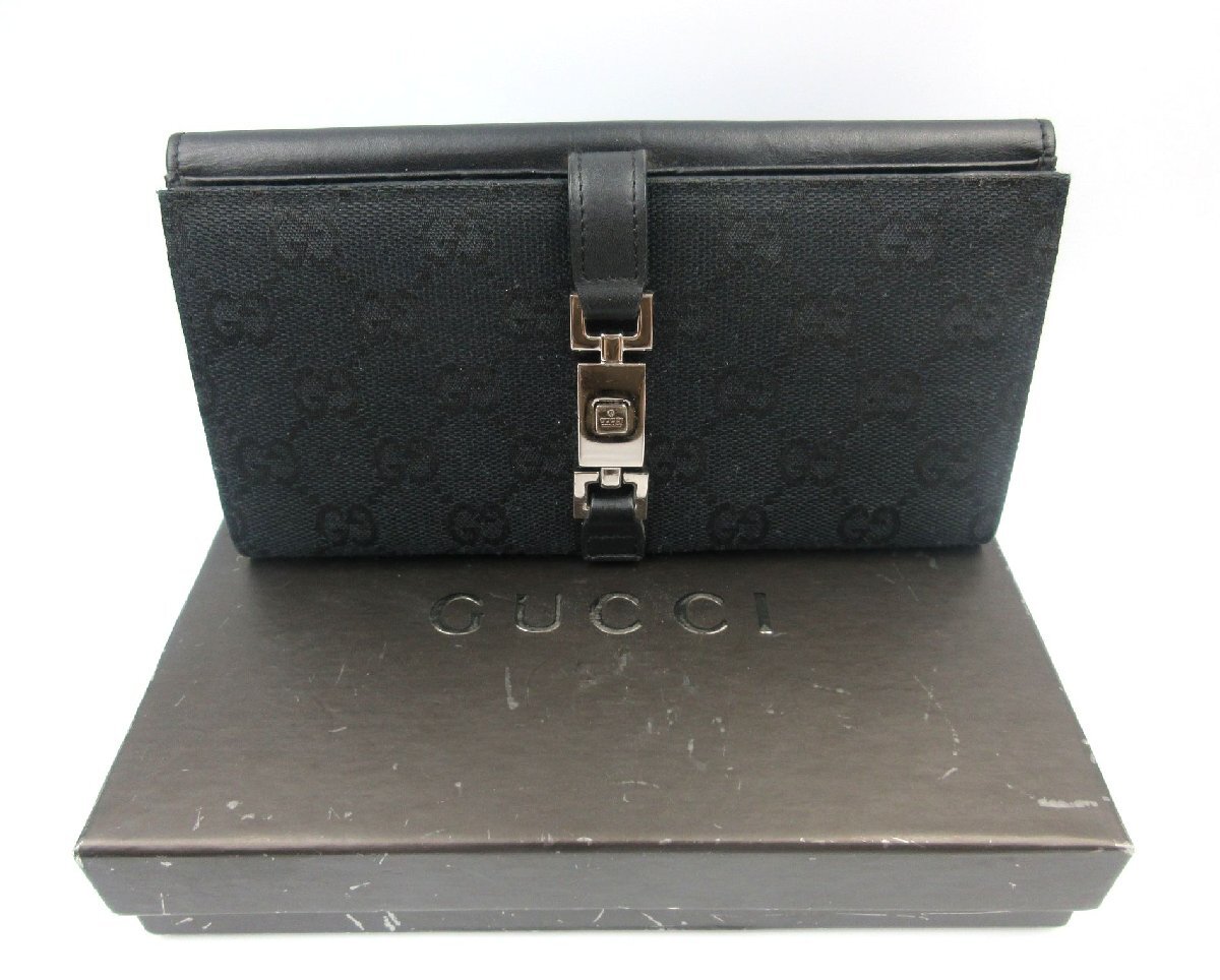 ★◇ GUCCI グッチ 三つ折り長財布 05479 ジャッキー GG柄 ブラック×シルバー色金具 GGキャンバス×レザー 札入れ 小銭入れ 中古品 箱付き