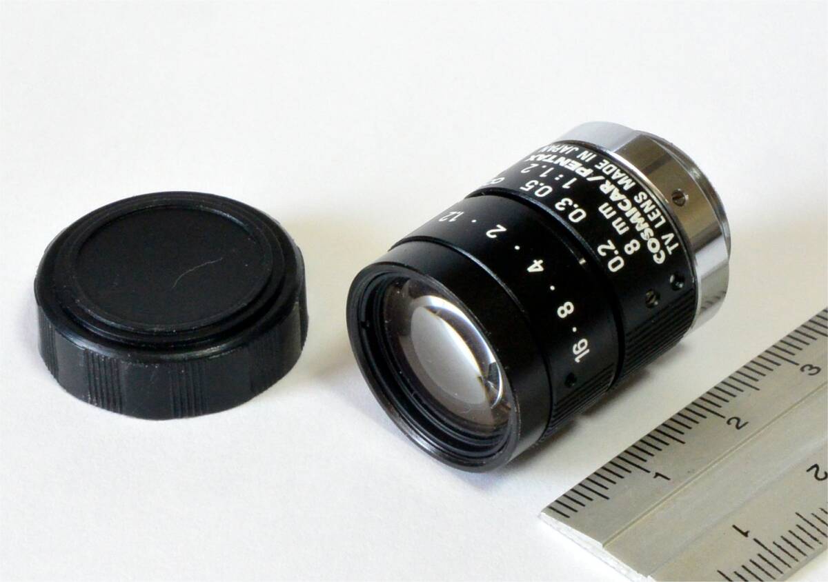 ★ COSMICAR/PENTAX　NFマウント レンズ　8mm F1.2　動作確認　超小型　美品　HITACHI　KP-D8に、SONY XC-505に　 倹）HITACHI TF812