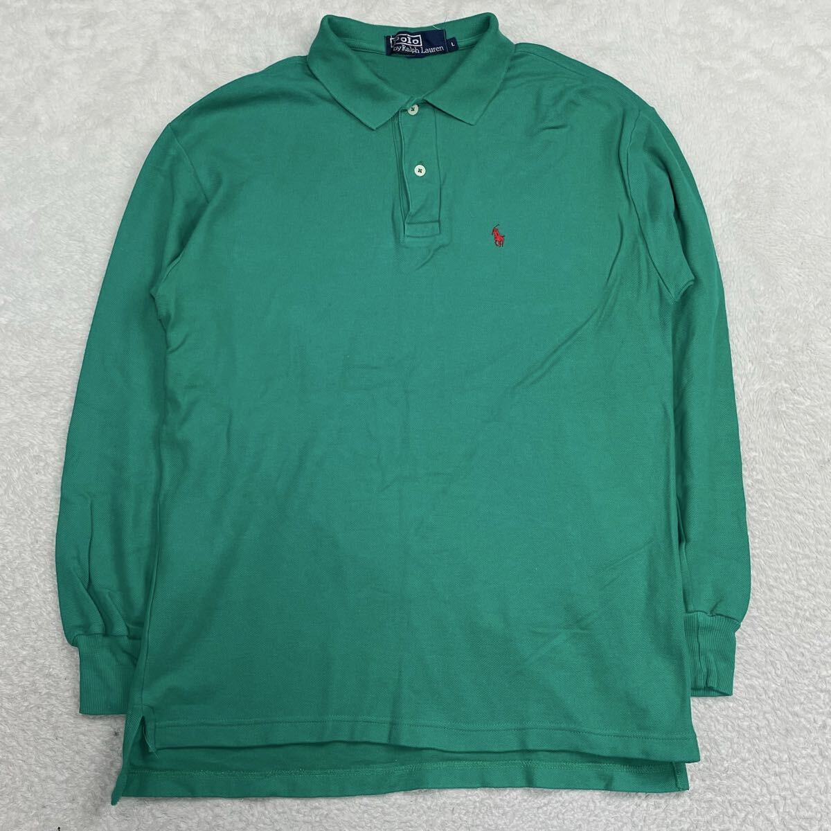 polo ralph lauren ポロシャツ ポロバイラルフローレン 古着 グリーン 長袖ポロシャツ　Lサイズ　コットン　メンズ　ゴルフ　アメカジ　