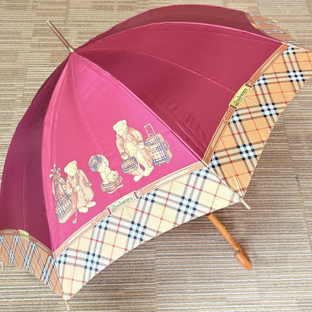 超希少　BURBERRY オールドバーバリー　ノバチェック　ベア　クマ　ボルドー　晴雨兼用長傘　一本傘　アンブレラ　