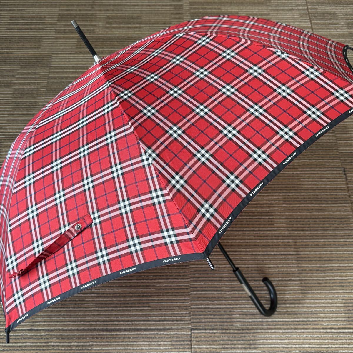 BURBERRY バーバリー　ノバチェック　晴雨兼用長傘　一本傘　レッド　赤　サイド文字ロゴ