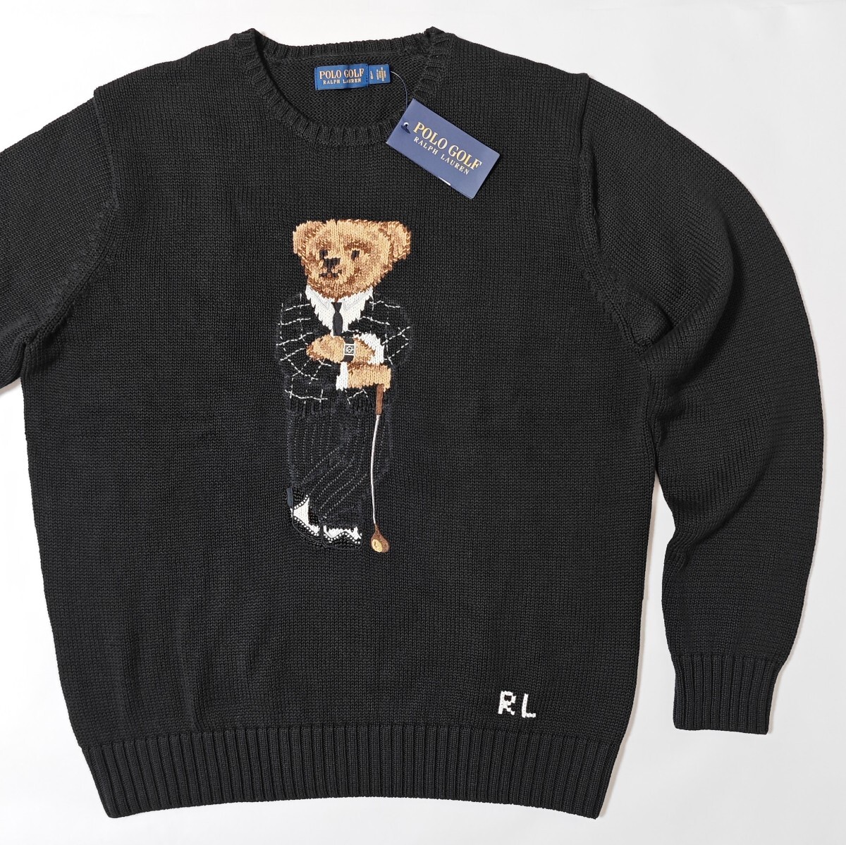 レア！デッドストック Ralph Lauren ブラック ポロベア ゴルフ セーター GOLF メンズ Lサイズ COOLMAX クールマックス