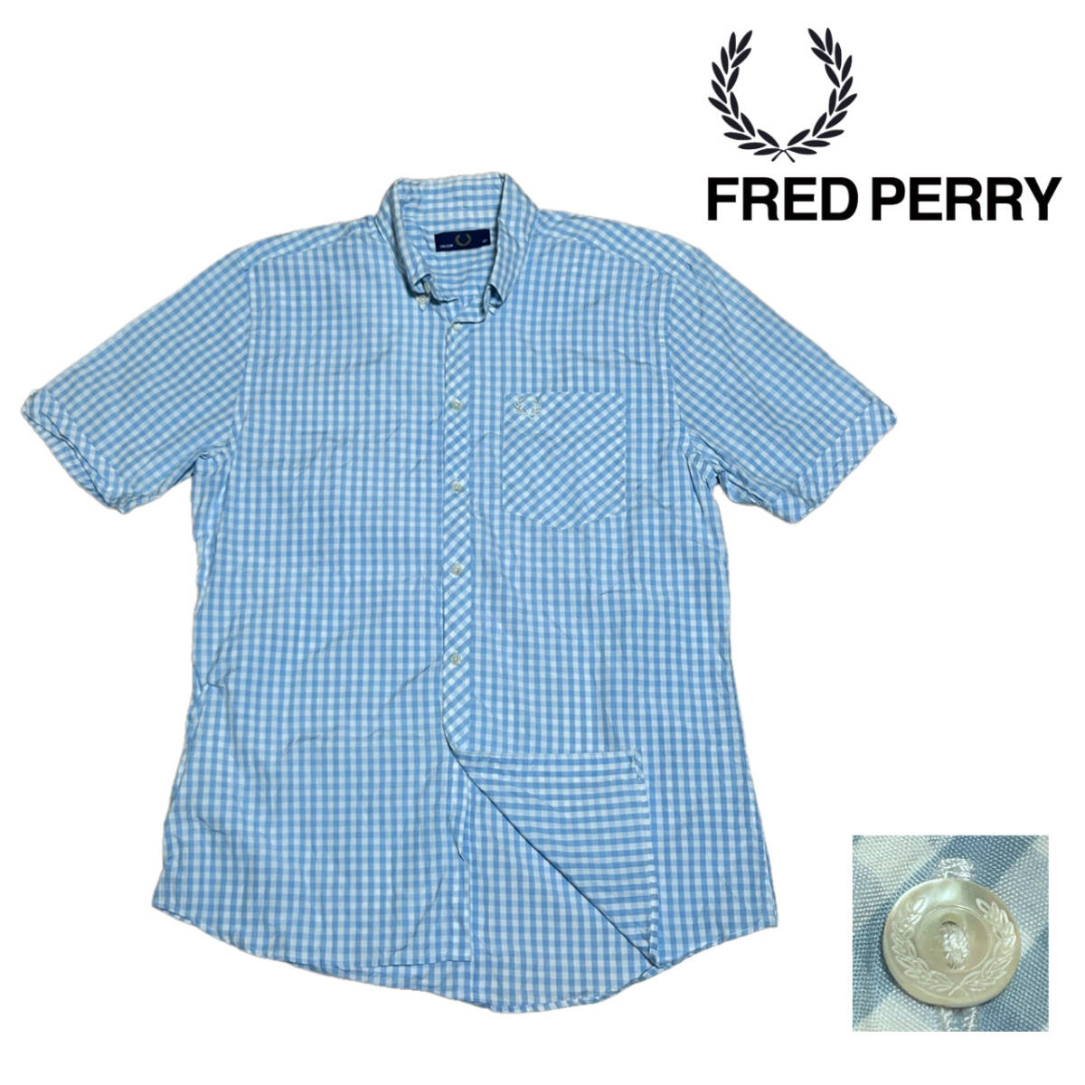 【美品】FRED PERRY 半袖シャツ サイズ42 フレッドペリー ローレルリース 刺繍 ギンガム チェック 