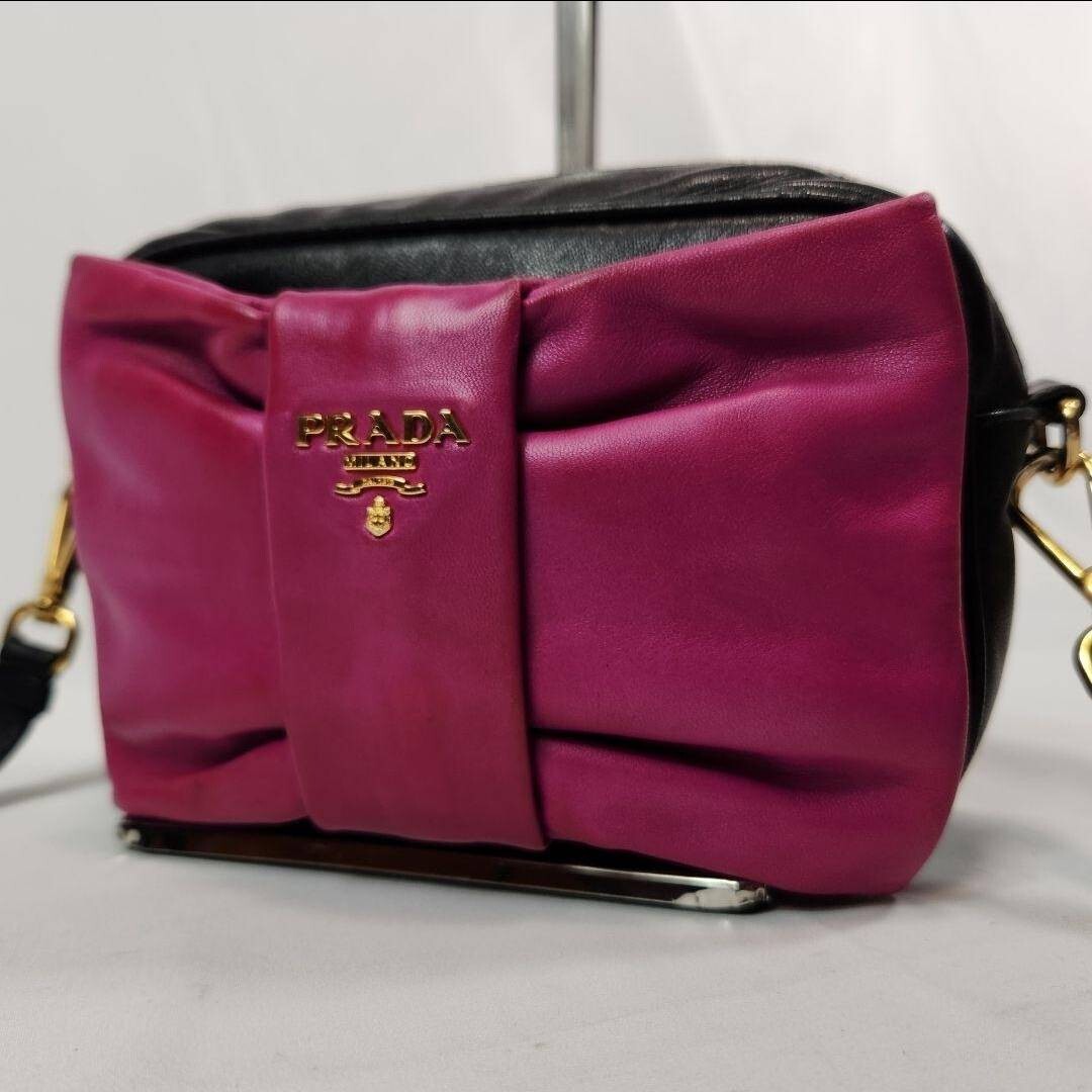 1円 美品 PRADA プラダ レザー リボン クロスボディ ショルダーバッグ トート 斜め掛け ロゴプレート 金ロゴ レディース ブラック 黒