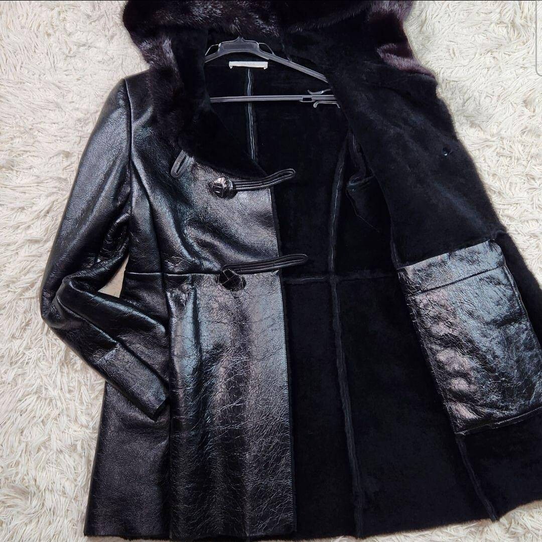 1スタ!! 美品 定価約100万 PRADA プラダ ロングレザーコート ダブルフェイス 羊革 ラムレザー シープファー ミンク クロコボタン 黒 L