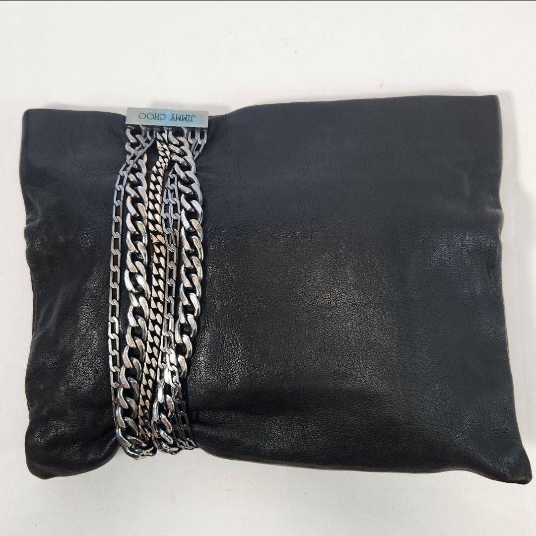 1円!! 希少 JIMMY CHOO ジミーチュウ セカンドバッグ クラッチバッグ ハンド A4可 ロゴ刻印 チェーン巻き レザー 本革 メンズ ブラック 黒