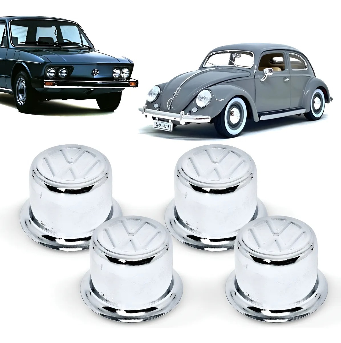 空冷VW ホイール ハブキャップ センター カップ 4個セット ステンレススチール メッキクローム ビートル T1 T2 バス カルマンギア T3 T4