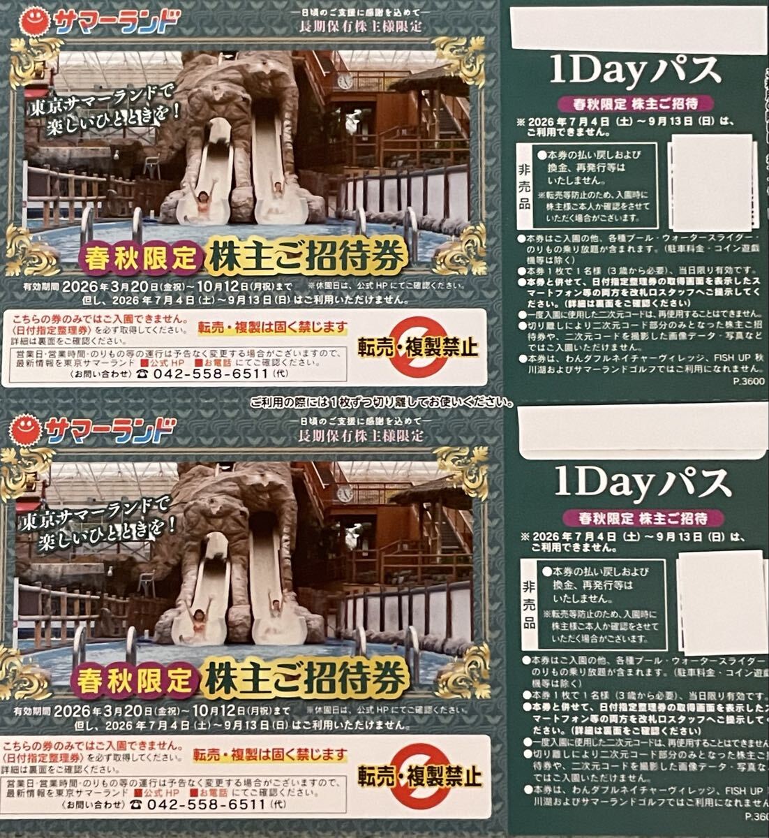 株主優待 東京サマーランド 1Dayパス　春秋限定　2枚
